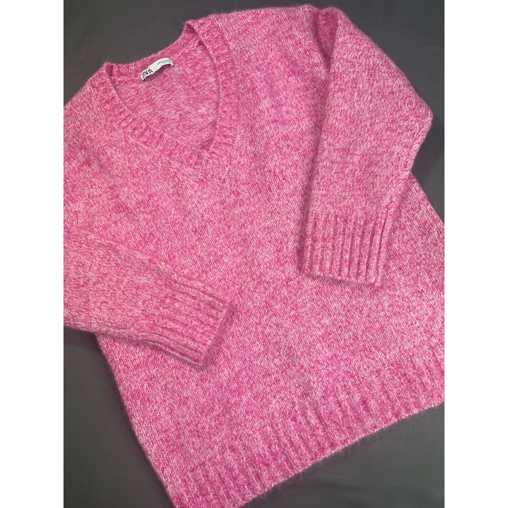 ZARA Wool Alpaca Blend Bubblegum Pink Chunky Knit V-Neck Sweater Size M